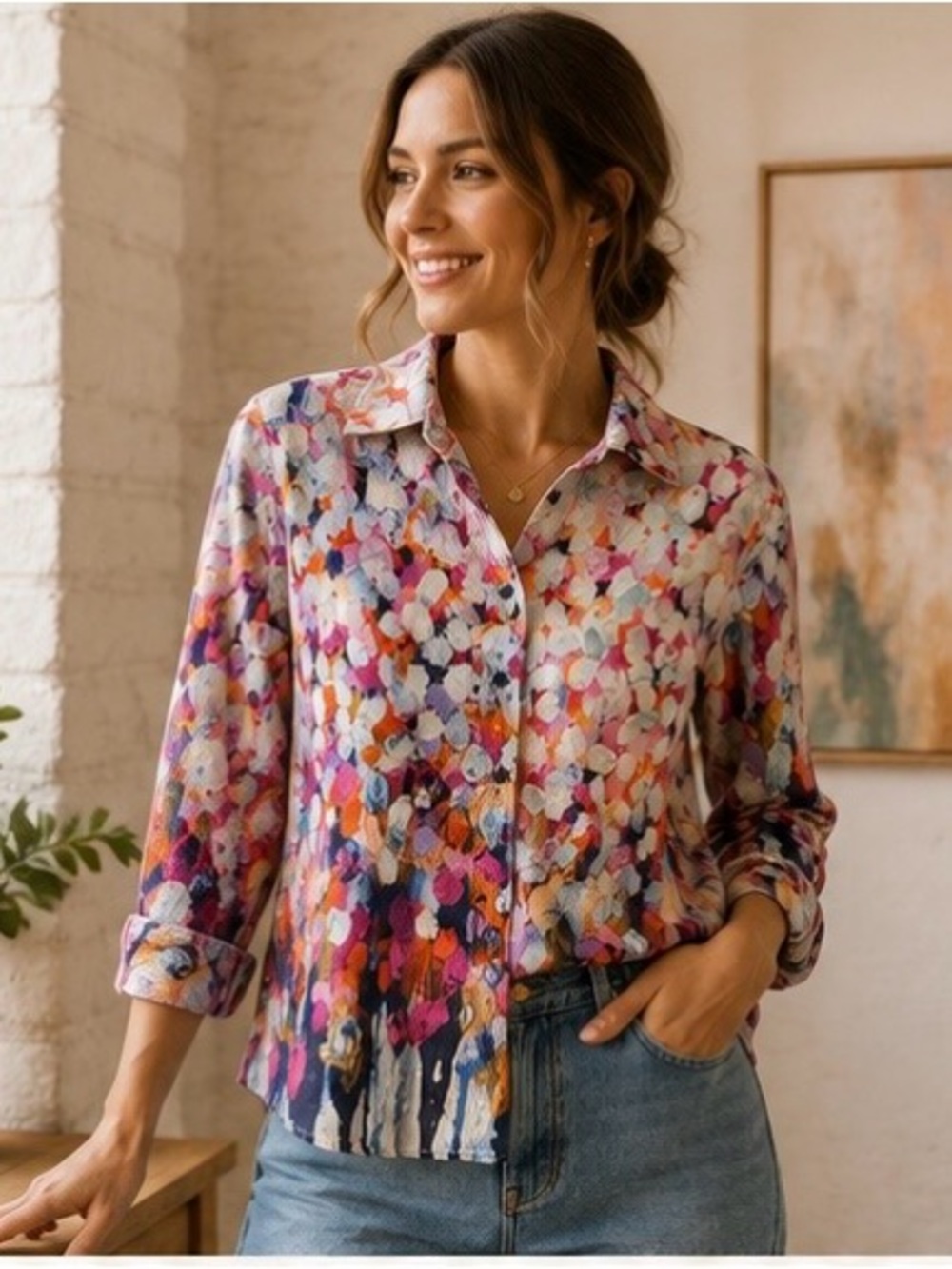 Claire Desjardins Carré Noir Abstract Wearable Art Button Up Shirt Blouse Large
